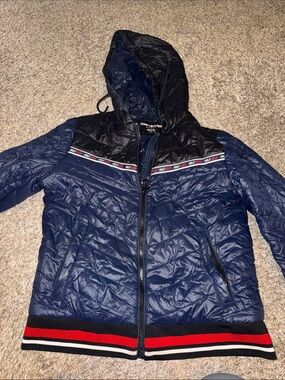 Tommy Hilfiger Navy and Black Hooded Puffer Jacket with Striped Hem